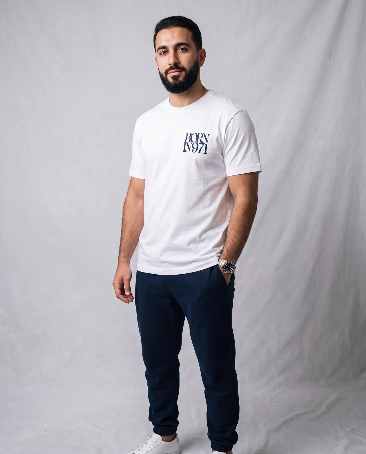 The Dhow Tee front view on model