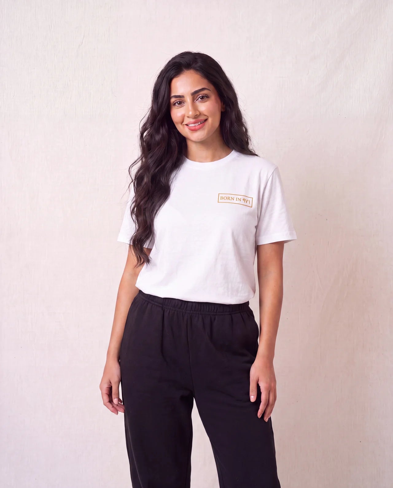 The Skyline Tee in white, front view on model