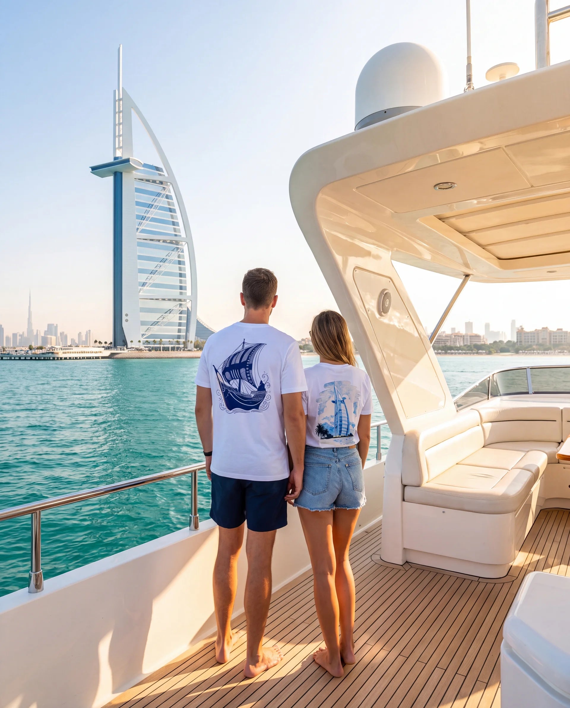 The Dhow Tee and Burj Arab Tee editorial campaign on a yacht in Dubai