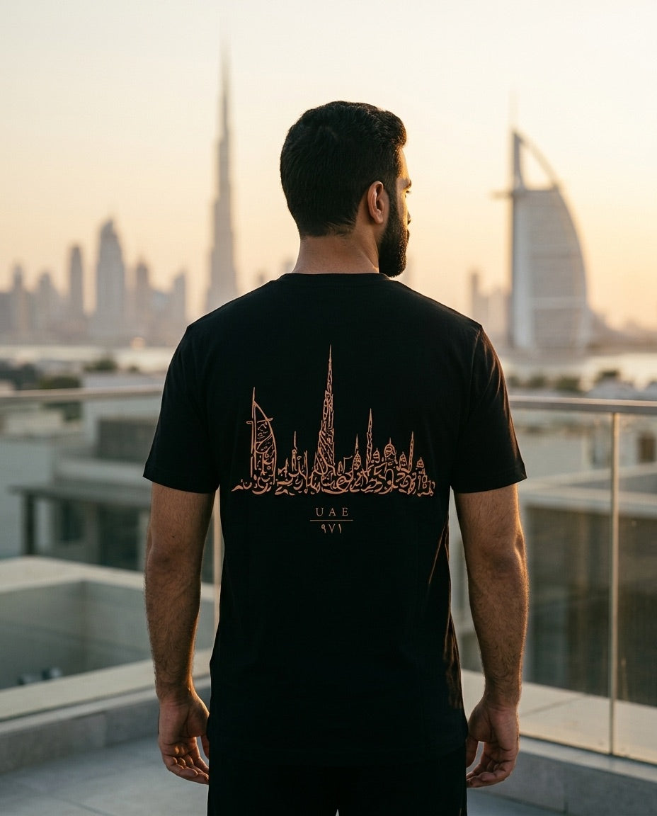 The Skyline Tee editorial back artwork with Dubai skyline